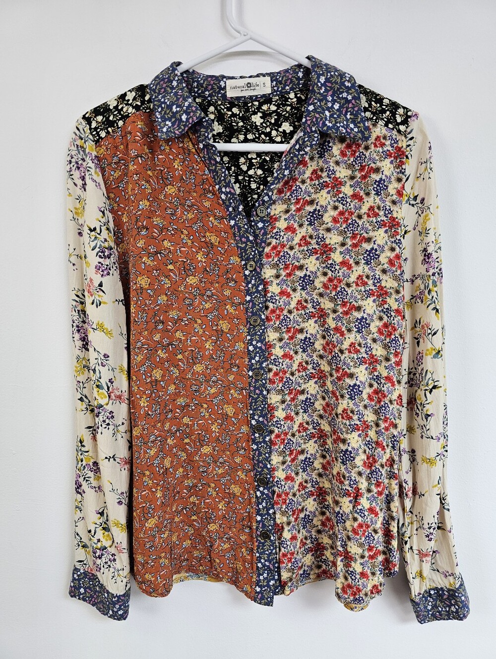 Natural Life Patchwork Bohemian Floral Button Down Top Blouse